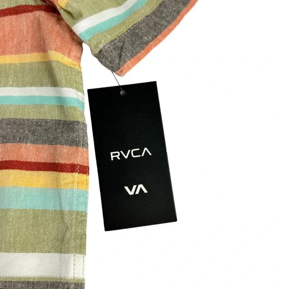 RVCA Riviera Boys Button Up Shirt Sz M Short Sleeve Pocket Striped Logo Colorful - Picture 5 of 13